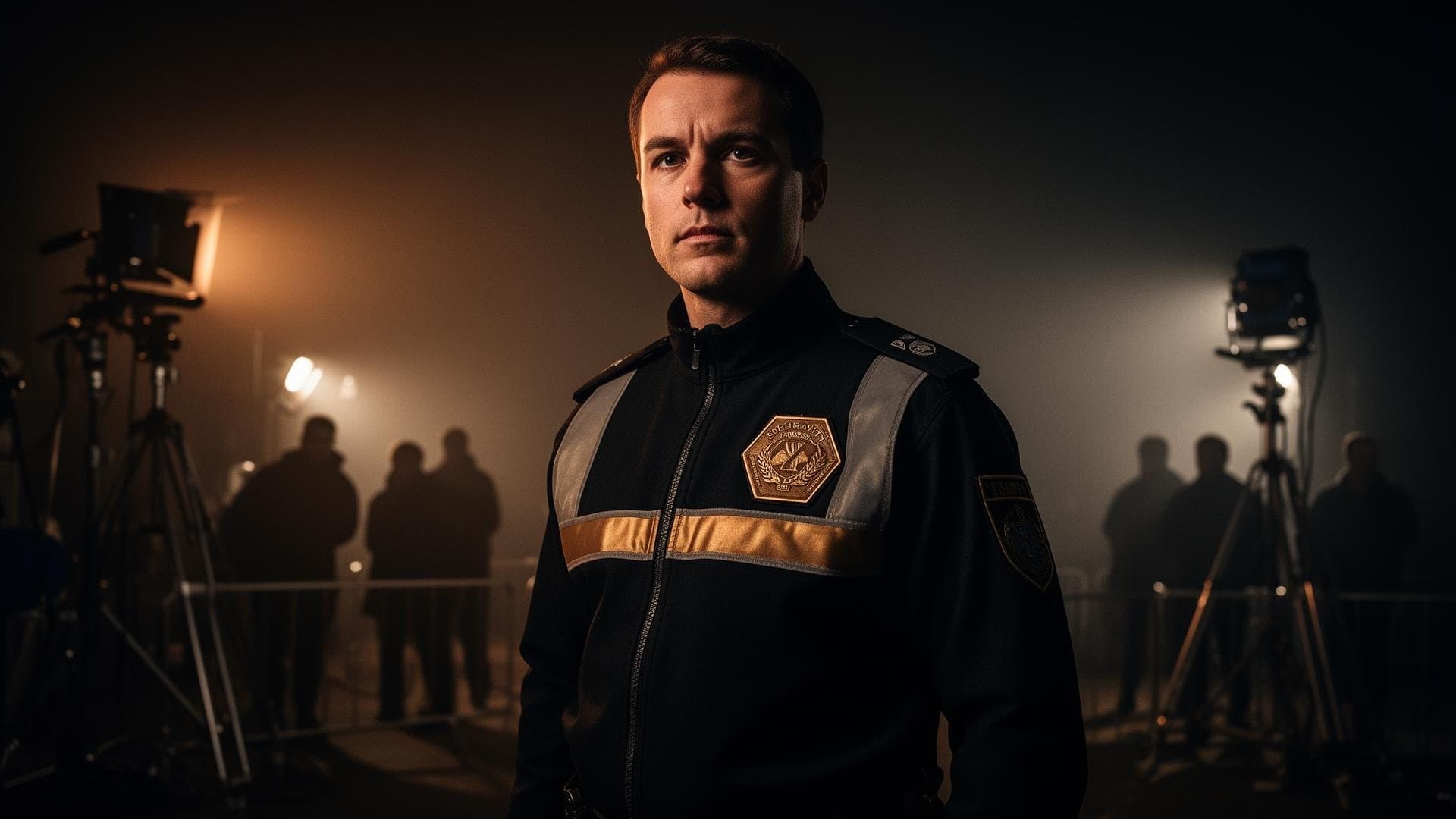 Security officer on a floodlit film location at night