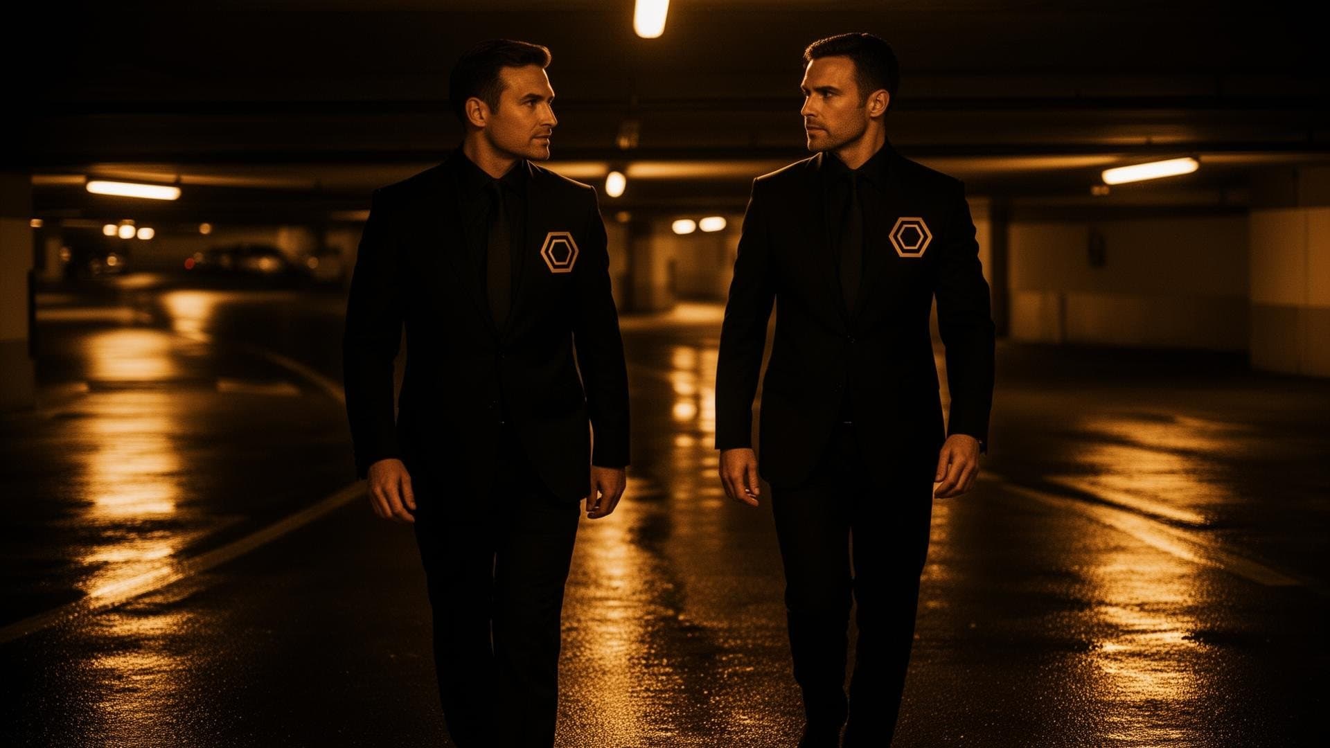 Two security officers walking through an underground car park at night
