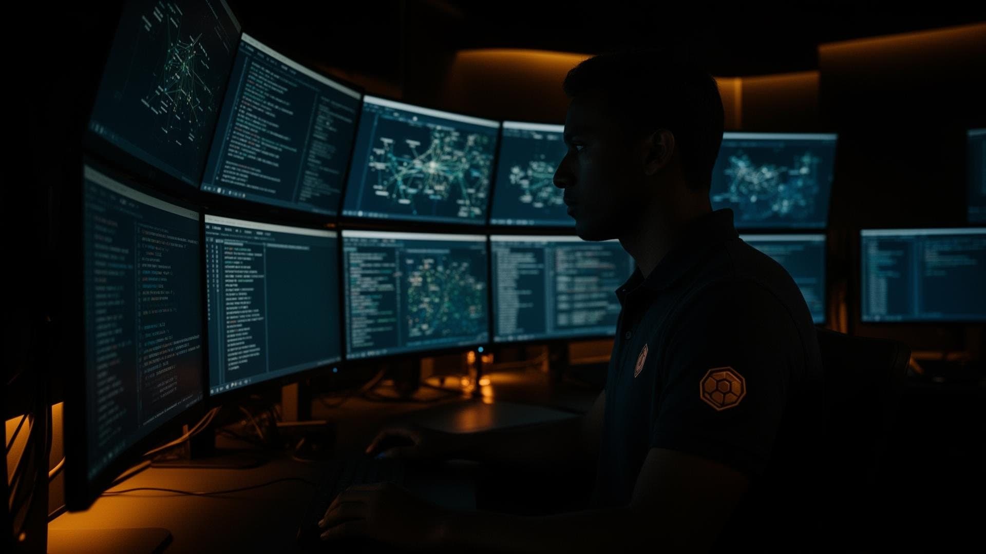 Monitoring operator watching live camera feeds on a wall of screens