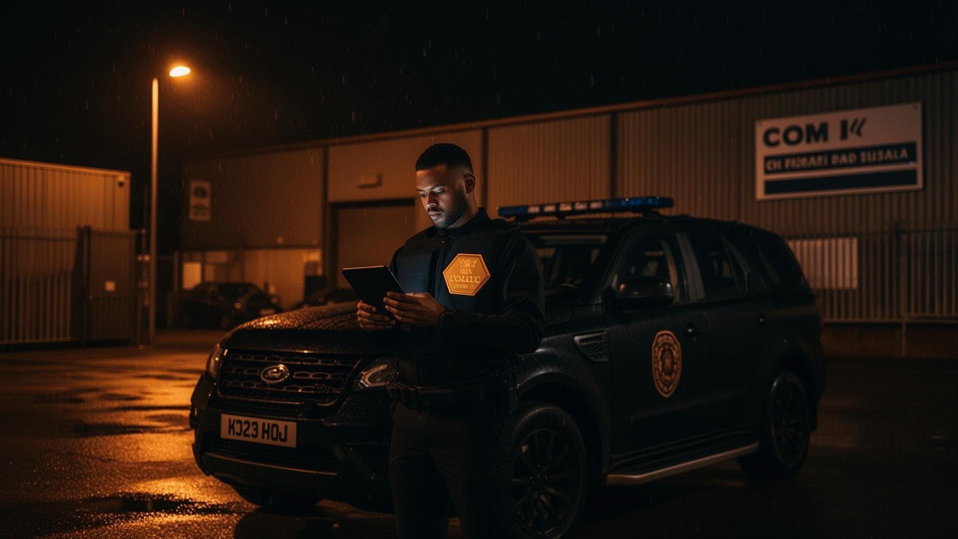 Mobile patrol officer checking a tablet beside a patrol vehicle at a commercial site at night