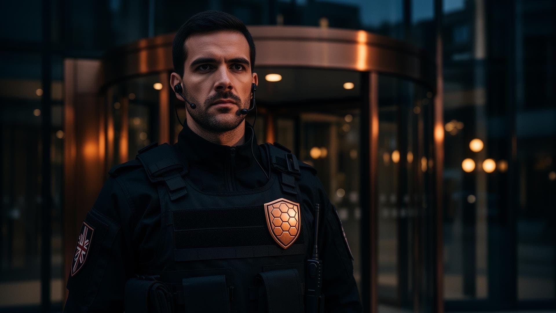 Security officer with an earpiece standing guard outside a revolving door at night